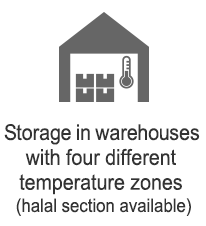 Storage in warehouses with four different temperature zones (halal section available)